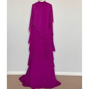 Faeriesty Magenta Purple High Neck Cape overlay Sleeve Tiered Maxi Dress Small